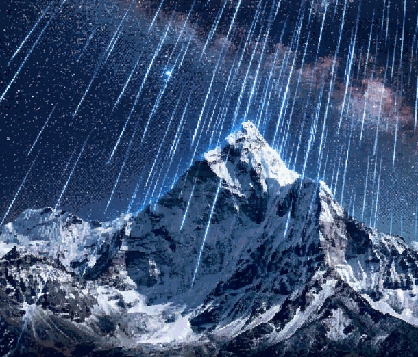 Image of cosmic rays showering onto a mountain.